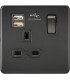 Screwless 13A 1G switched socket with dual USB charger (2.4A) - matt black