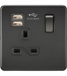 Screwless 13A 1G switched socket with dual USB charger (2.4A) - matt black