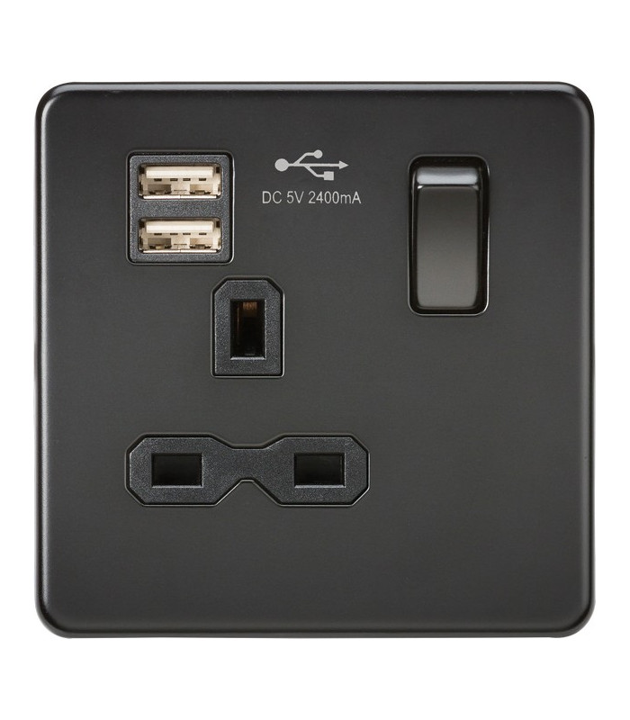 Screwless 13A 1G switched socket with dual USB charger (2.4A) - matt black