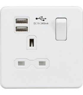 Screwless 13A 1G switched socket with dual USB charger (2.4A) - matt white