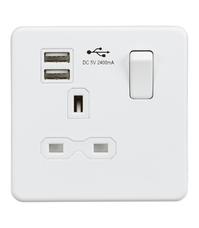 Screwless 13A 1G switched socket with dual USB charger (2.4A) - matt white