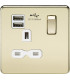 Screwless 13A 1G switched socket with dual USB charger (2.4A) - polished brass with white insert