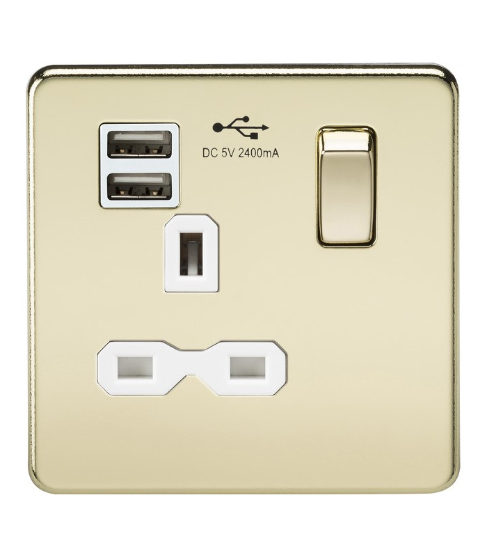 Screwless 13A 1G switched socket with dual USB charger (2.4A) - polished brass with white insert