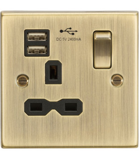 13A 1G Switched Socket Dual USB Charger Slots with Black Insert - Square Edge Antique Brass