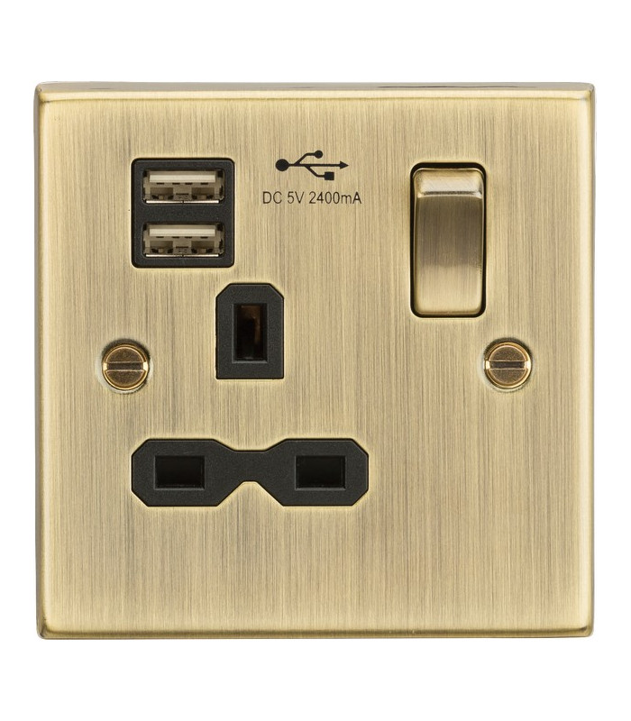 13A 1G Switched Socket Dual USB Charger Slots with Black Insert - Square Edge Antique Brass