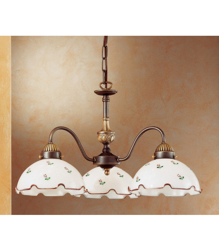 Cottage Style Glass 3 Arm Chandelier Matt Antique Brass