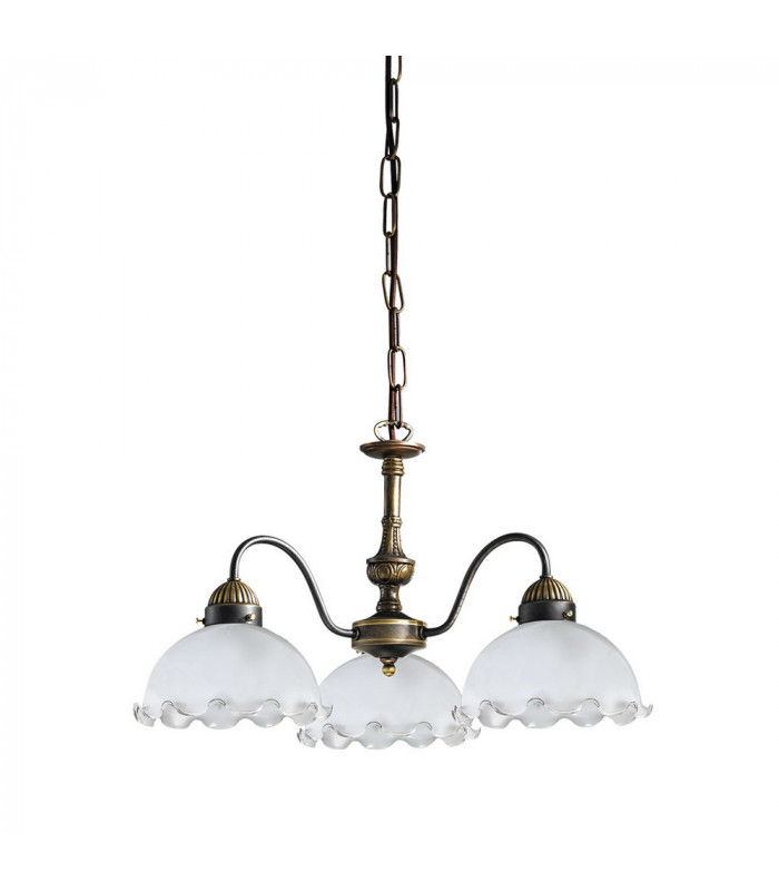 Cottage Style Glass 3 Arm Chandelier Matt Antique Brass