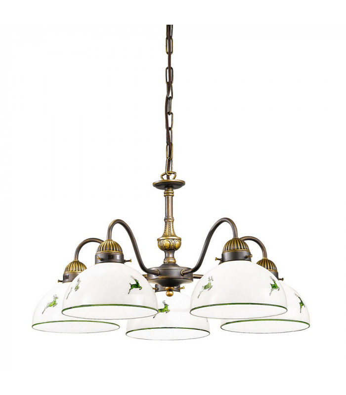 Cottage Style Glass 5 Arm Chandelier Matt Antique Brass