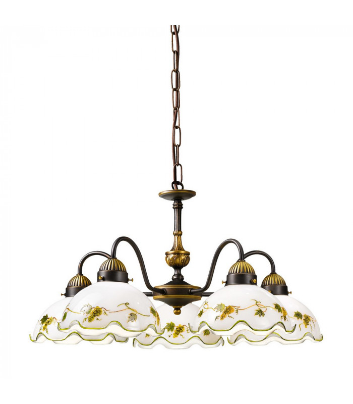 Cottage Style Glass 5 Arm Chandelier Matt Antique Brass