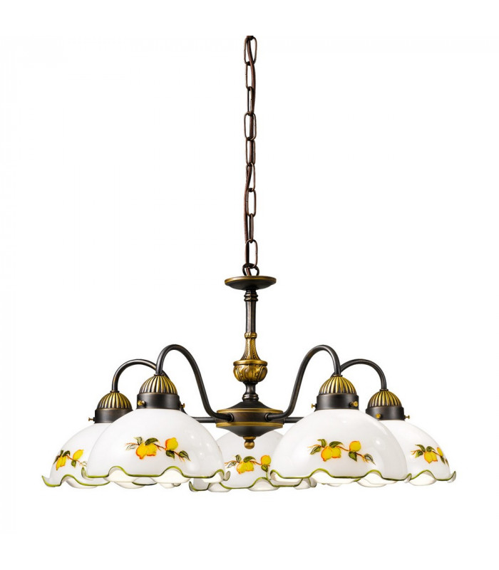 Cottage Style Glass 5 Arm Chandelier Matt Antique Brass