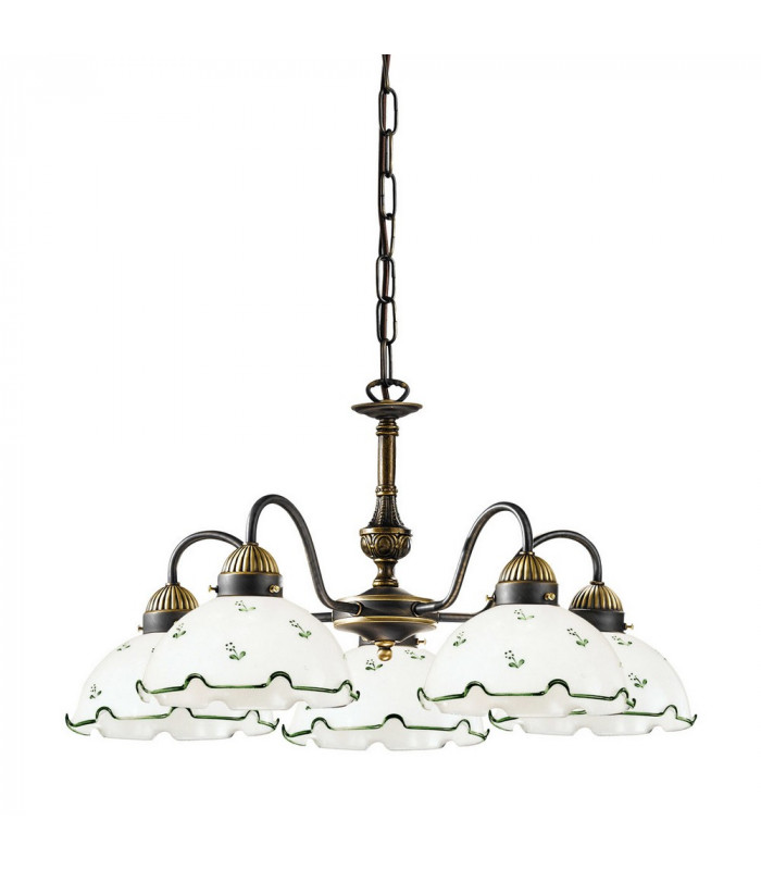 Cottage Style Glass 5 Arm Chandelier Matt Antique Brass