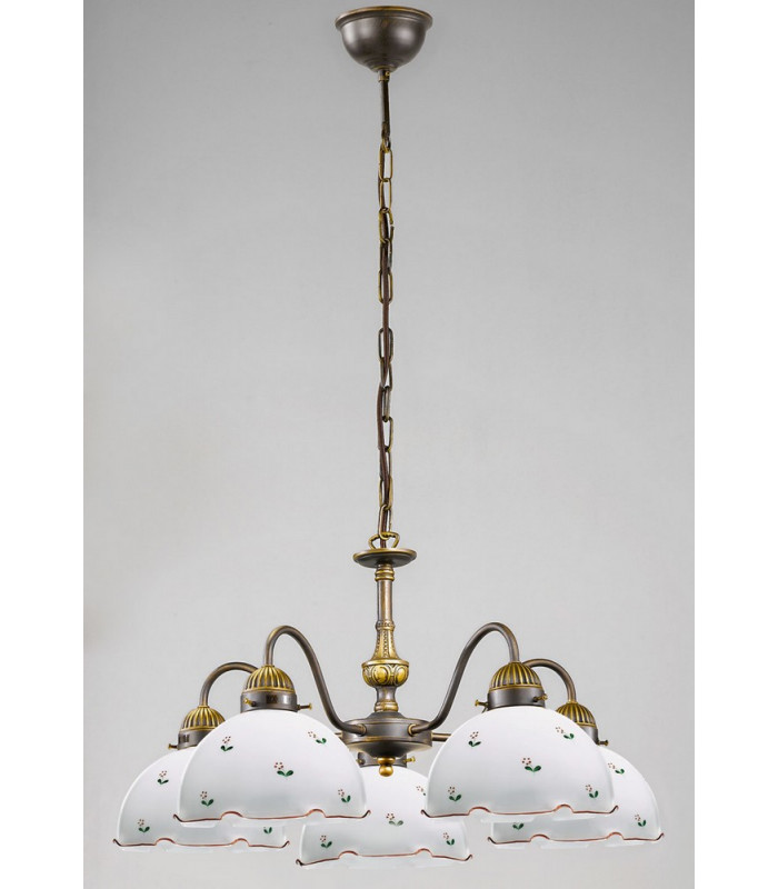 Cottage Style Glass 5 Arm Chandelier Matt Antique Brass