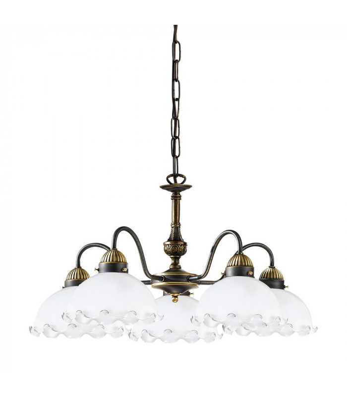 Cottage Style Glass 5 Arm Chandelier Matt Antique Brass