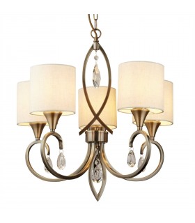 5 Light Multi Arm Ceiling Pendant Antique Brass, Cream with Crystals, E14 - 1