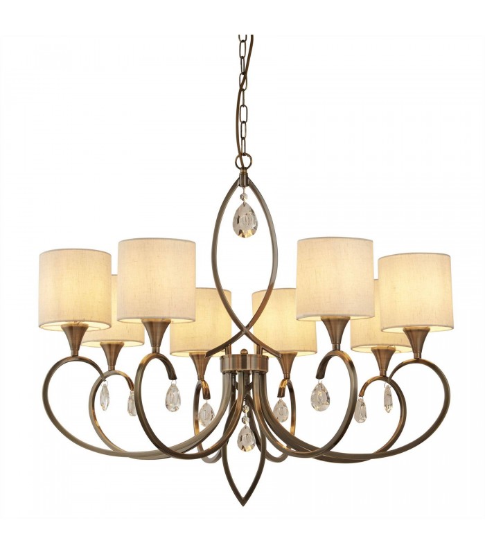 8 Light Crystal Multi Arm Chandelier Cream, Antique Brass Finish, E14 - 1