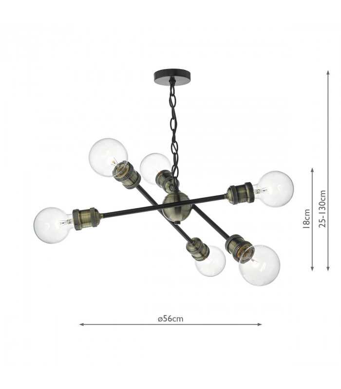 Pendant Light Black & Antique Brass, 6x E27