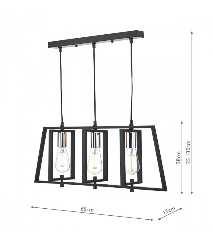 Straight Bar Pendant Light Black & Polished Chrome, 3x E27