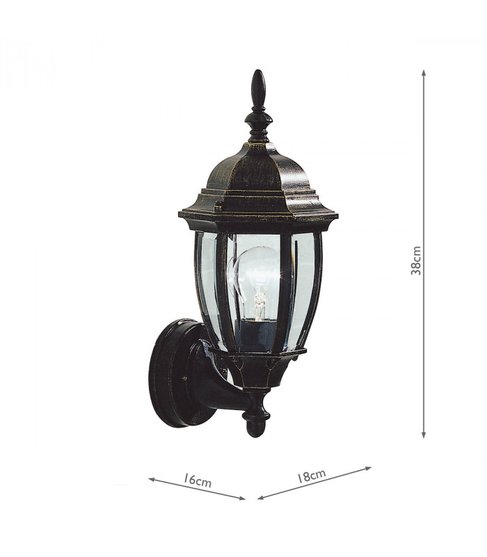 Lantern Uplighter Wall Light Black Gold IP43