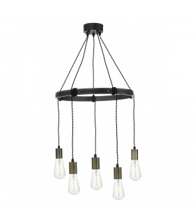 Pendant Light Rustic Wood Aged Brass Detail, 5x E27