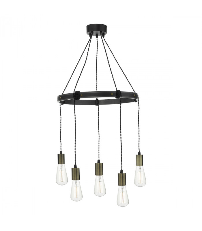 Pendant Light Rustic Wood Aged Brass Detail, 5x E27
