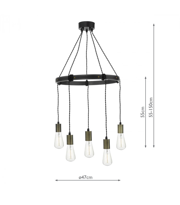 Pendant Light Rustic Wood Aged Brass Detail, 5x E27