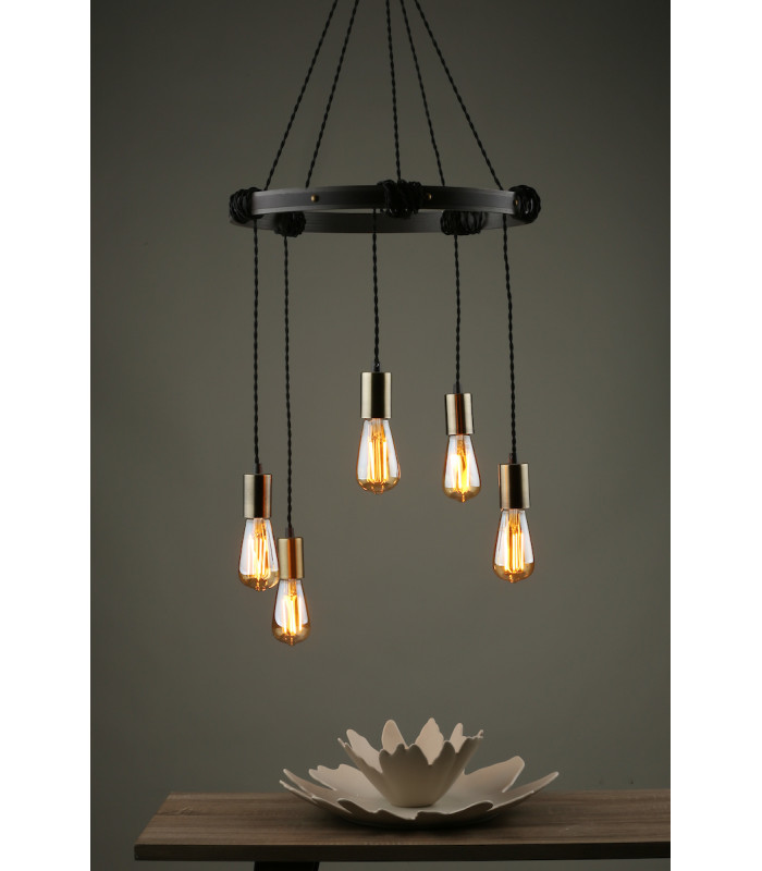 Pendant Light Rustic Wood Aged Brass Detail, 5x E27