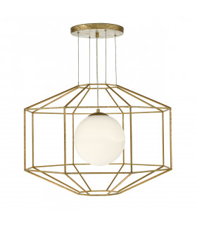 Wire Frame Pendant Light Hexagonal Old Gold Frame Opal Glass, 1x E27