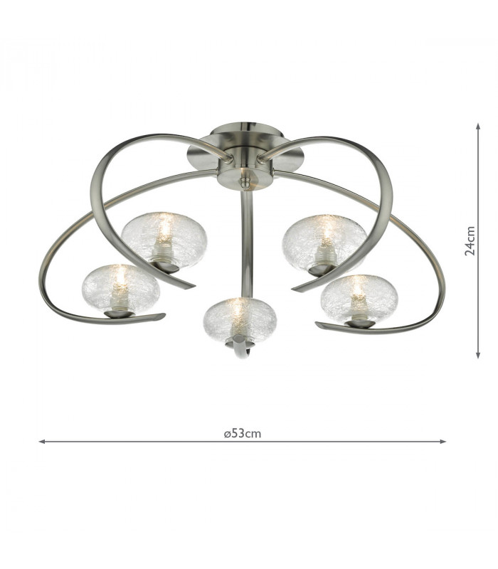 Semi Flush Ceiling Light Light Satin Chrome & Sugar Cane Glass, 5x G9