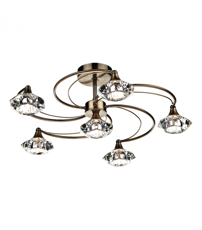 Semi Flush Ceiling Light Light Antique Brass Crystal, 6x G9
