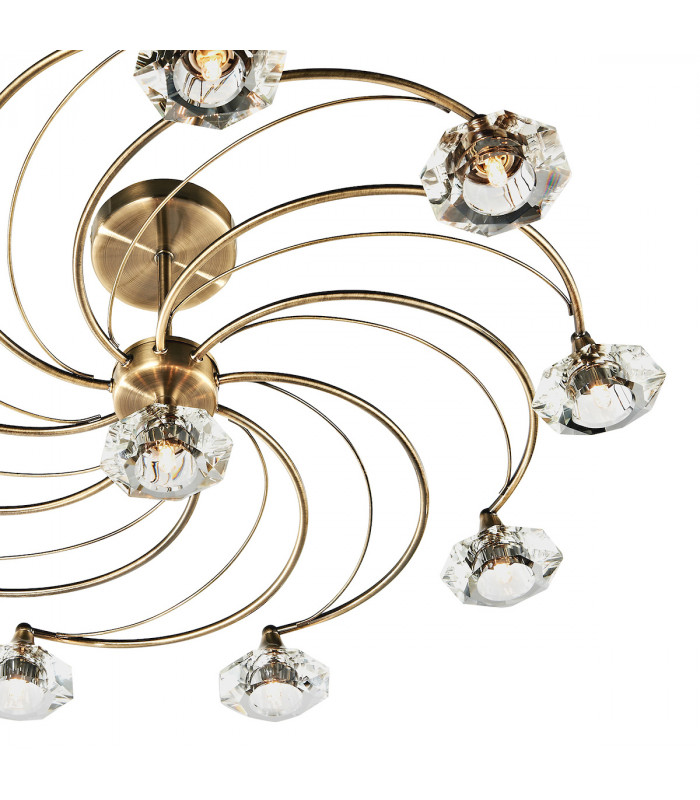 Semi Flush Ceiling Light Light Antique Brass Crystal, 10x G9