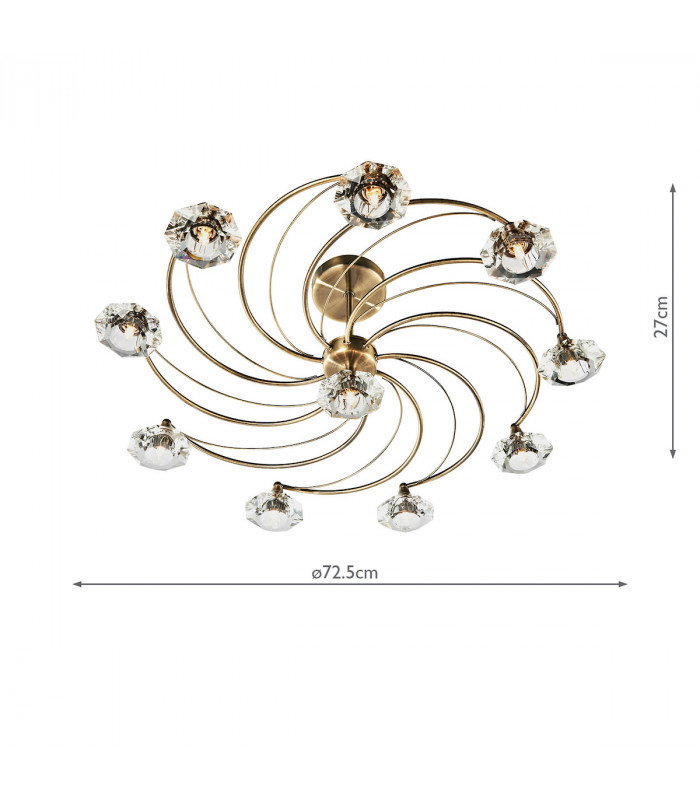 Semi Flush Ceiling Light Light Antique Brass Crystal, 10x G9