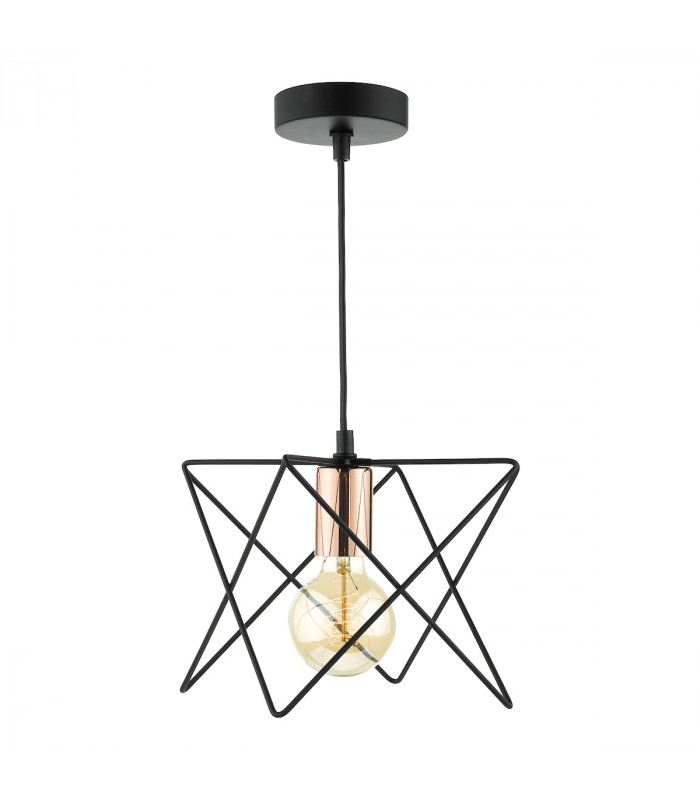 Wire Frame Pendant Light Matt Black & Bright Copper Detail, 1x E27