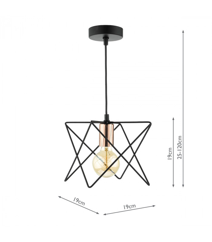 Wire Frame Pendant Light Matt Black & Bright Copper Detail, 1x E27
