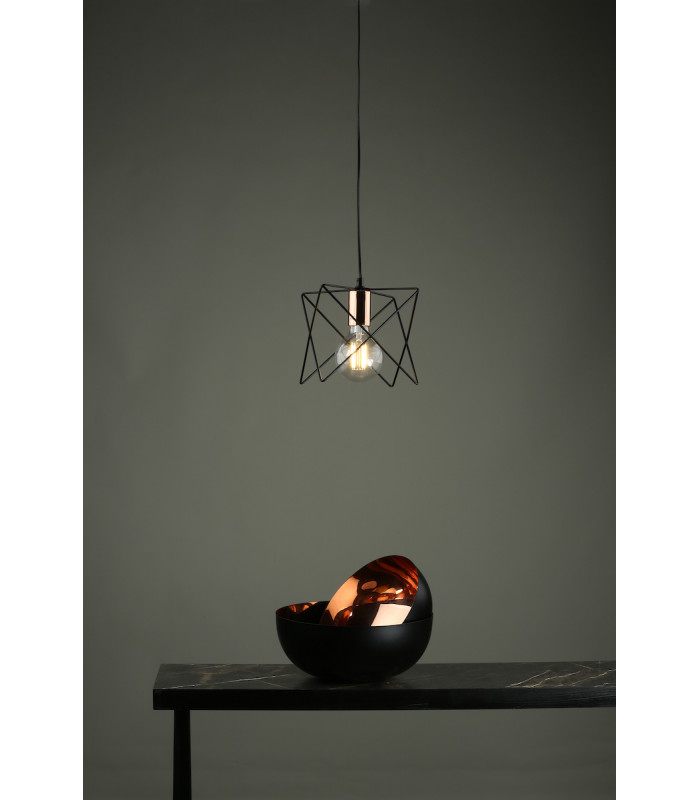 Wire Frame Pendant Light Matt Black & Bright Copper Detail, 1x E27