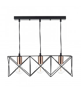 Wire Frame Bar Pendant Light Black & Bright Copper Detail, 3x E27