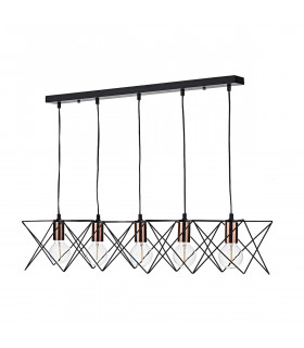 Wire Frame Bar Pendant Light Black & Bright Copper Detail, 5x E27