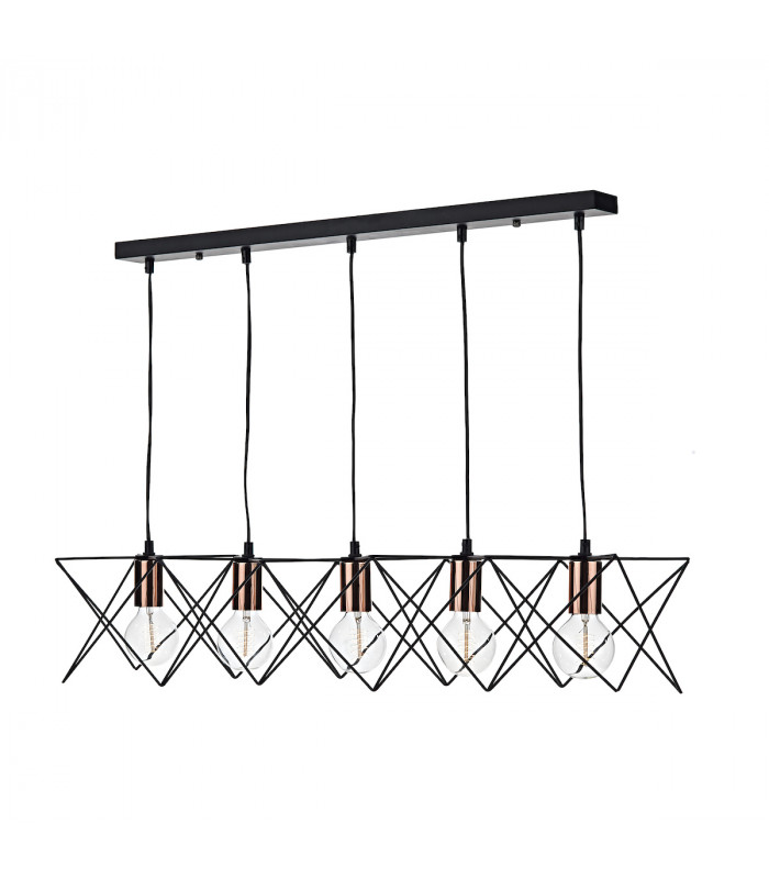 Wire Frame Bar Pendant Light Black & Bright Copper Detail, 5x E27
