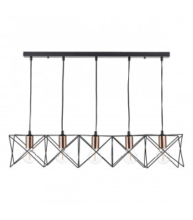 Wire Frame Bar Pendant Light Black & Bright Copper Detail, 5x E27