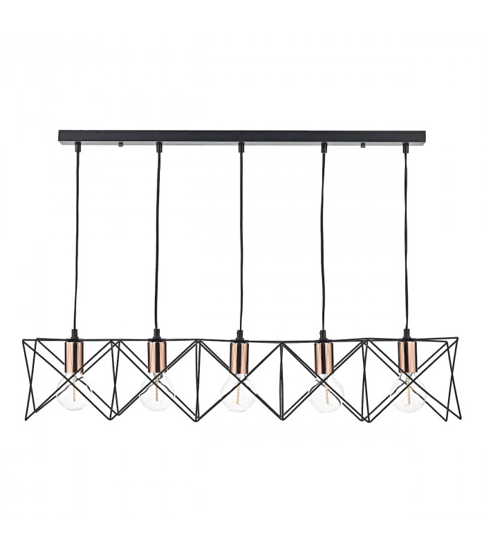 Wire Frame Bar Pendant Light Black & Bright Copper Detail, 5x E27