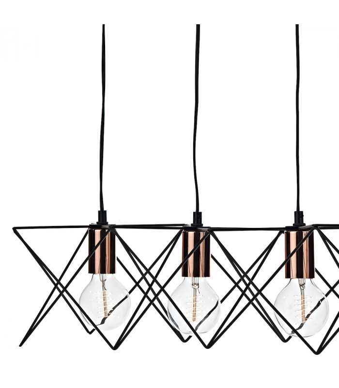 Wire Frame Bar Pendant Light Black & Bright Copper Detail, 5x E27