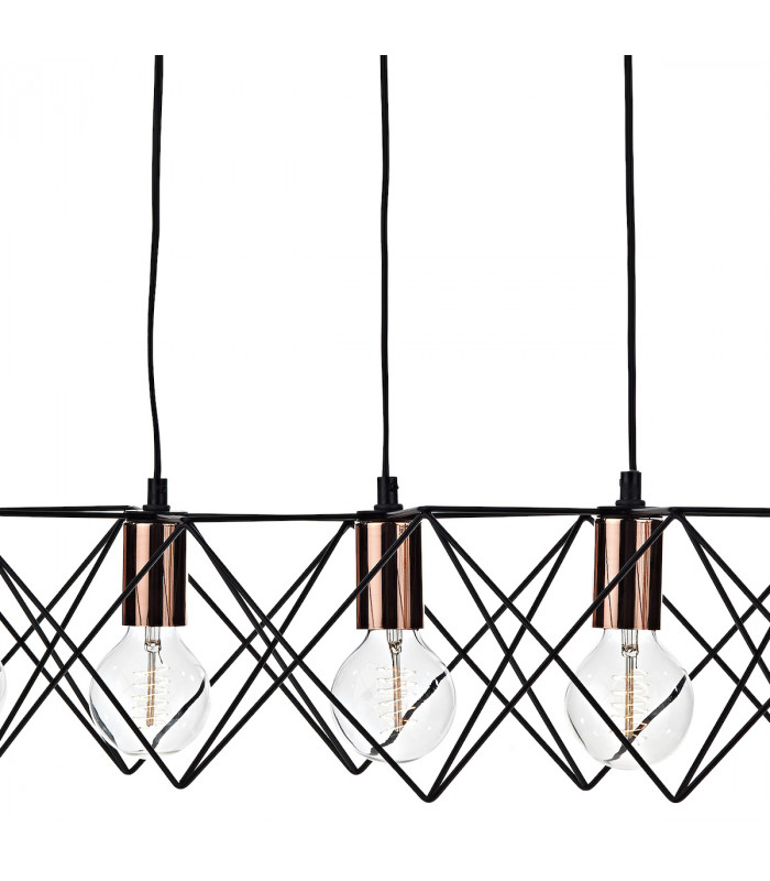 Wire Frame Bar Pendant Light Black & Bright Copper Detail, 5x E27