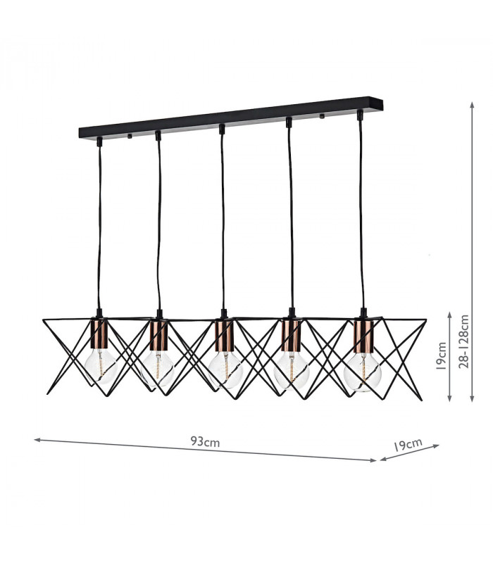 Wire Frame Bar Pendant Light Black & Bright Copper Detail, 5x E27