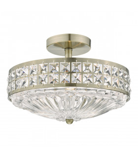 3L Light Semi Flush Ceiling Light Light Antique Brass Crystal Beads and Glass Diffuser