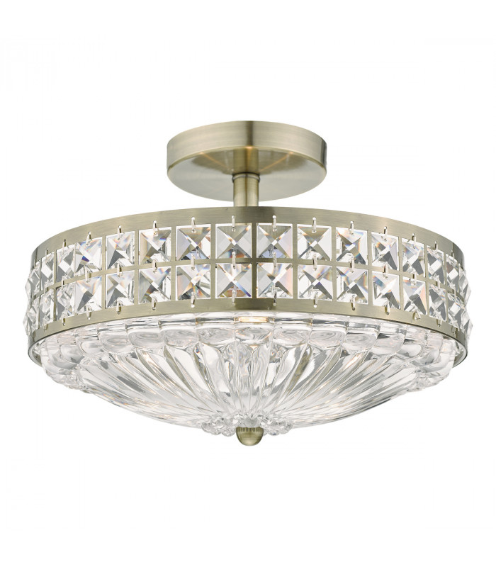3L Light Semi Flush Ceiling Light Light Antique Brass Crystal Beads and Glass Diffuser