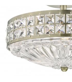 3L Light Semi Flush Ceiling Light Light Antique Brass Crystal Beads and Glass Diffuser