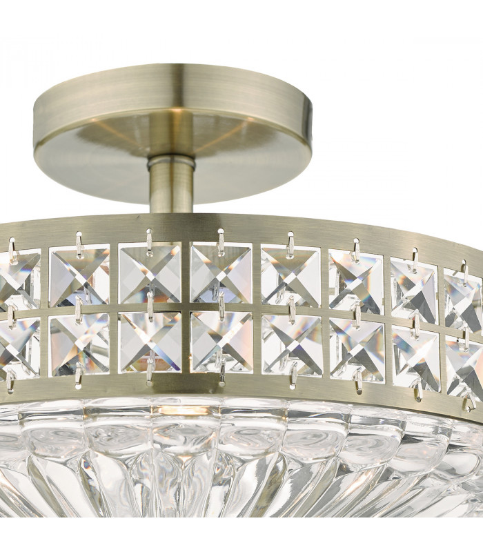 3L Light Semi Flush Ceiling Light Light Antique Brass Crystal Beads and Glass Diffuser