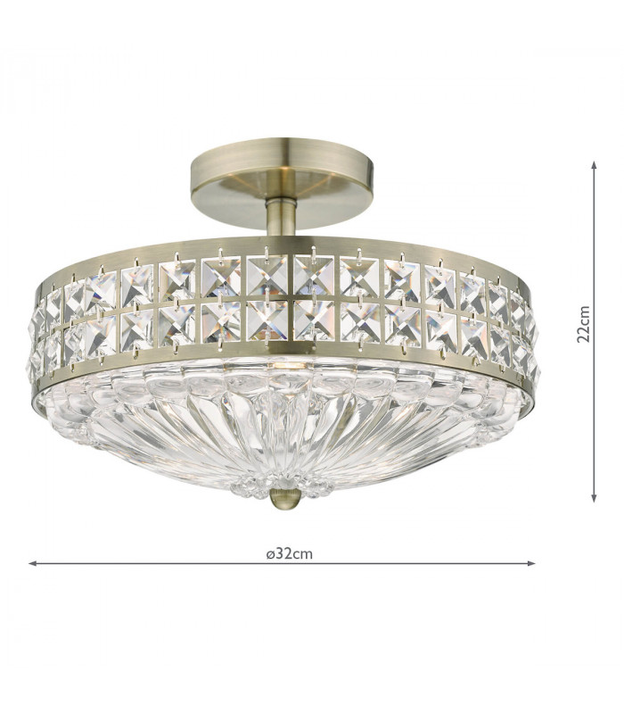 3L Light Semi Flush Ceiling Light Light Antique Brass Crystal Beads and Glass Diffuser