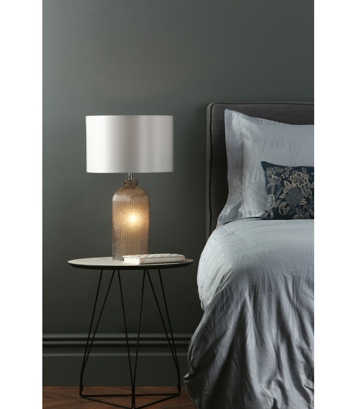 Table Lamp Grey with Grey Faux Silk Round Drum Shade