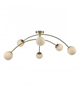 Semi Flush Ceiling Light Light Antique Brass & Opal Glass, 6x G9