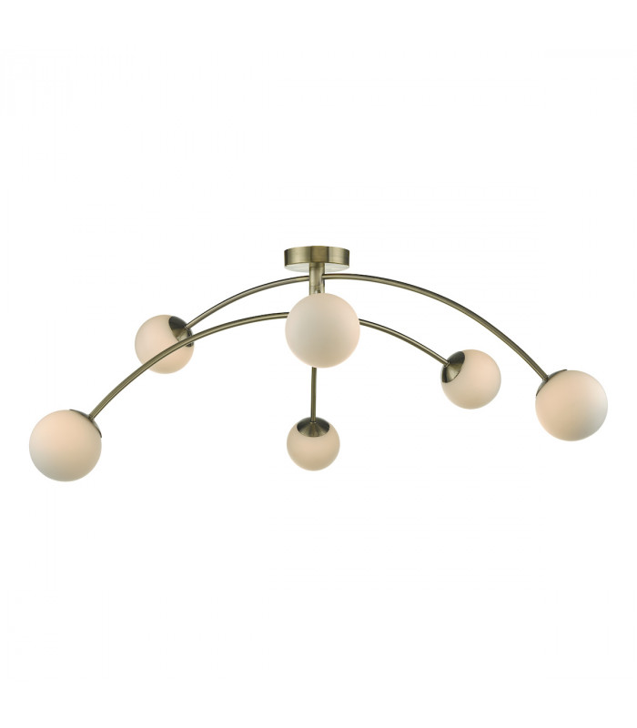 Semi Flush Ceiling Light Light Antique Brass & Opal Glass, 6x G9
